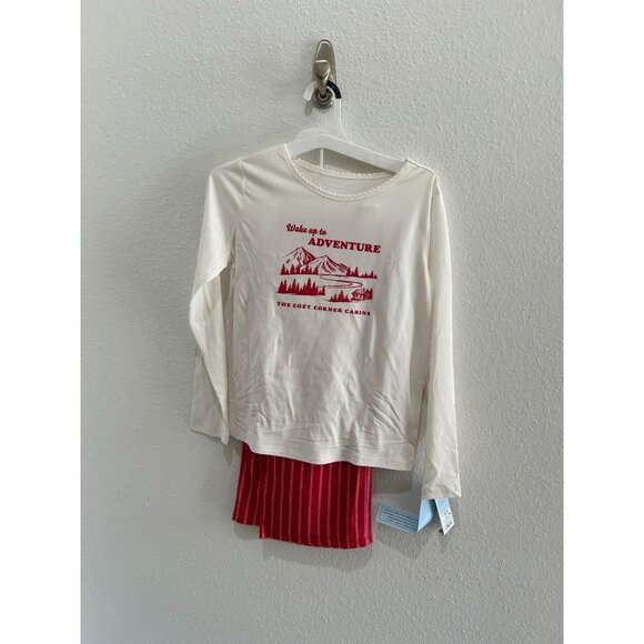 NWT Girls' Size L (10/12) 2pc Striped Adventure Graphic Long Sleeve Holiday PJs - Picture 1 of 4